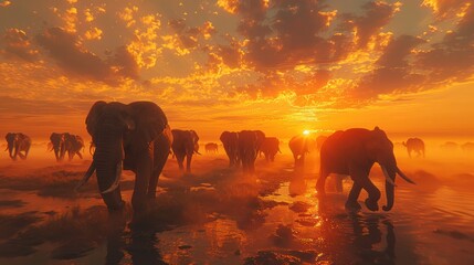 animal, elephant, mammal, sky, sunset, wild, background, wildlife, nature, field. herd of elephants walking across a dry grass field sunset with the sun in the background and a few trees in foreground