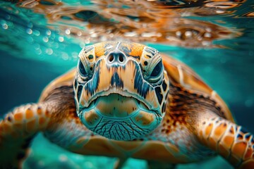 Fototapeta premium turtle, nature, underwater, water, animal, swimming, reef, sea turtle, tortoise, aquatic. close up to green sea turtle, portrait of happy sea turtle swimming underwater with sunshine via ai generated.