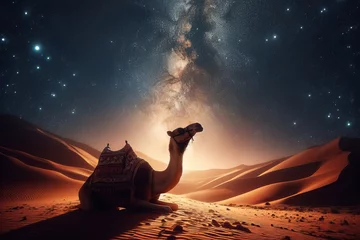 Foto op Plexiglas camel in the desert against the backdrop of the starry night sky. © Екатерина Переславце