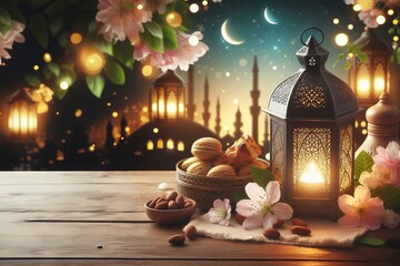 Fototapeta na wymiar Muslim lanterns on blurred background with bokeh stars and crescent, beautiful card for Ramadan holiday.