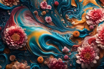 Obraz na płótnie Canvas A breathtaking high-resolution image showcasing the dynamic fusion of colorful liquids on a clean background, adorned with tasteful flower patterns, creating a visually appealing illustration