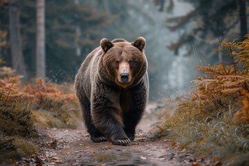 animal, bear, forest, mammal, nature, wildlife, big, brown bear, wild, background. close up to big brown bear walking in autumn forest with red maple. dangerous animal in nature forest, meadow habitat