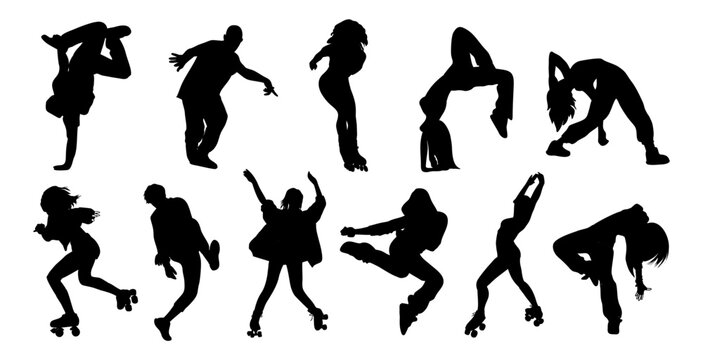 Silhouettes set of teenagers, young people performing different activities - dancing, hip-hop, breakdance, roller skating, rap. Outline monochrome vector drawing isolated on transparent background.