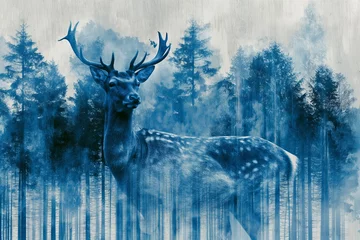 Plexiglas foto achterwand animal, abstract, horn, nature, wildlife, background, mammal, wild, antler, design. creative image of white deer with forest around over faint white background. miracle and fantasy. ai generated art. © sornthanashatr