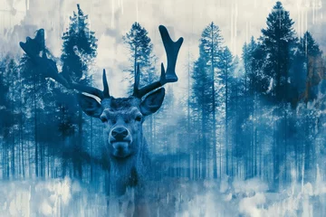 Plexiglas foto achterwand animal, abstract, horn, nature, wildlife, background, mammal, wild, antler, design. creative image of white deer with forest around over faint white background. miracle and fantasy. ai generated art. © sornthanashatr