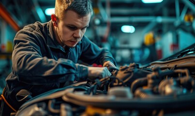 Young car mechanic is working on his car in the garage, intently checking its cables and engine.