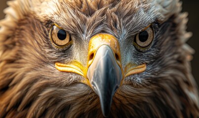 Naklejka premium A macro portrait of amazing eagle, capturing the intricate patterns of its feathers and the striking details of its eyes and beak.
