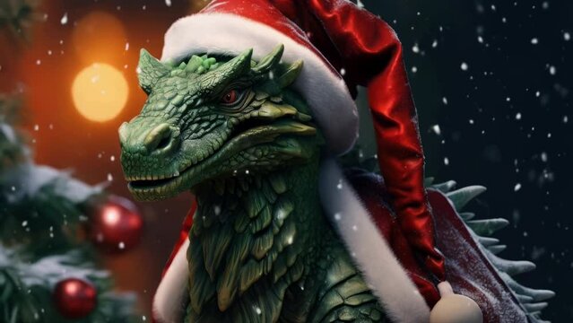 A green dragon wearing a Santa Claus hat, perfect for holiday designs.