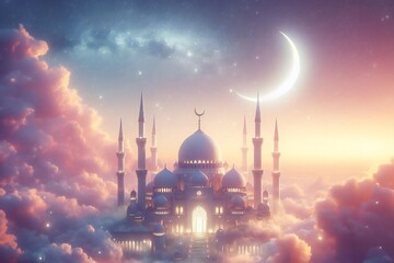 mosque in clouds with a crescent moon in gentle pastel colors, ramadan concept.