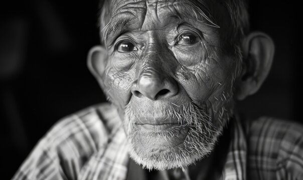 Black and white portrait of an old charismatic man with wrinkles