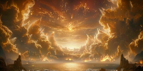 Epic fantasy landscape with a celestial event illuminating the clouds above a mystical sea, inspiring awe and wonder for storytelling or creative projects - obrazy, fototapety, plakaty