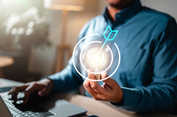 bulb, light, strategy, idea, innovation, solution, creative, creativity, digital, bright. hand of man holding light bulb, creativity with bulbs that shine glitter. Inspiration of ideas for business.