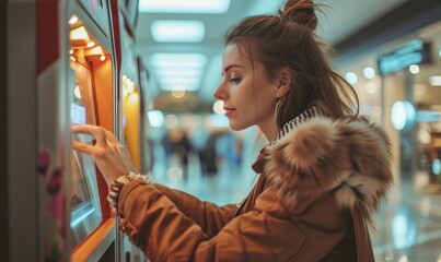 Happy young woman withdrawing cash from ATM machine inside the mall.