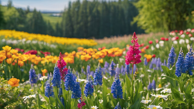 a collection of spring or summer flowers in the foreground with a nice outdoor image of summer in the background