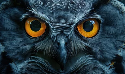Poster bird, owl, animal, closeup, eye, portrait, nature, wild, wildlife, background. close up portrait of beautiful colorful owl with colorful feathers and eye yellow in dark background Generative via AI. © Day Of Victory Stu.