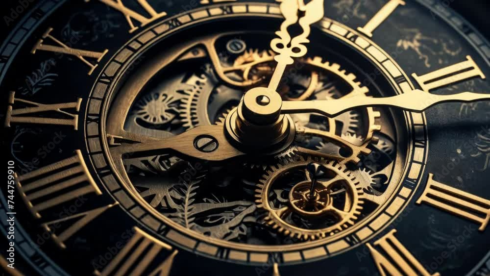 Poster Detailed view of a clock with Roman numerals, suitable for time management concepts.
