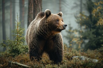 Fototapeta premium animal, bear, forest, mammal, nature, wildlife, big, brown bear, wild, background. close up to big brown bear walking in rainforest with thin fog. dangerous animal in nature forest and meadow habitat.