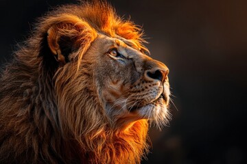 Fototapeta premium animal, nature, predator, wild, wildlife, ai, background, hunter, jungle, abstract. close up portrait of lion in dramatic against black background with enigmatic intense expression via Gen AI.