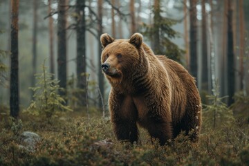 Fototapeta premium animal, bear, forest, mammal, nature, wildlife, big, brown bear, wild, background. close up to big brown bear walking in rainforest with thin fog. dangerous animal in nature forest and meadow habitat.