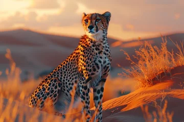 Foto op Canvas animal, nature, predator, wild, wildlife, ai, background, hunter, jungle, abstract. leopards gracefully traverse the open field, their sleek forms blending with the field, embodying power and freedom. © Day Of Victory Stu.