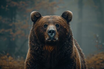 Obraz premium animal, bear, forest, mammal, nature, wildlife, big, brown bear, wild, background. close up to big brown bear walking in rainforest with thin fog. dangerous animal in nature forest and meadow habitat.