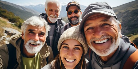 Elderly Group Promoting Health and Friendship Through Outdoor Hiking Selfie. Concept Outdoor Photoshoot, Elderly Group, Promoting Health, Friendship, Hiking, Selfie