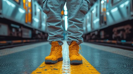  a close up of a person standing on a train platform with their feet propped up on a yellow and black platform with a train on the other side of them.