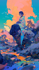 Solitary Figure Overlooking a Vibrant Sunset Canyon Illustration