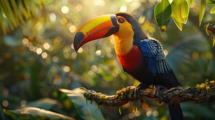 Naklejka premium bird, wild, wildlife, forest, hornbill, nature, tropical, animal, couple, feather. hornbill with colorful feathered creatures in a rainforest. hornbill feathered with tropical plants in background.