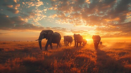 animal, elephant, mammal, sky, sunset, wild, background, wildlife, nature, field. herd of elephants walking across a dry grass field sunset with the sun in the background and a few trees in foreground © Day Of Victory Stu.