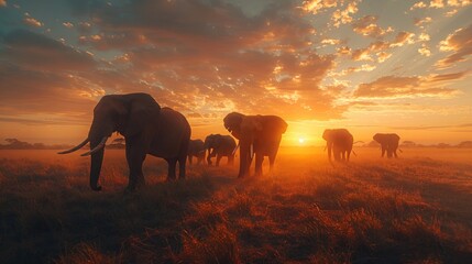 animal, elephant, mammal, sky, sunset, wild, background, wildlife, nature, field. herd of elephants...