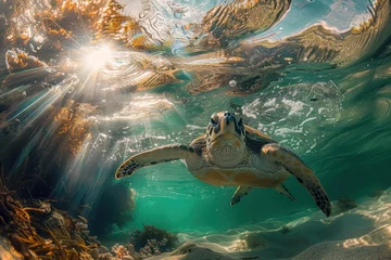 Foto op Canvas turtle, nature, underwater, water, animal, swimming, reef, sea turtle, tortoise, aquatic. close up to green sea turtle, portrait of happy sea turtle swimming underwater with sunshine via ai generated. © Day Of Victory Stu.