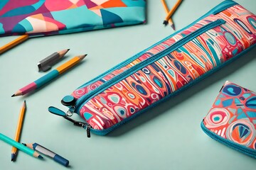 A modern pencil case with a vibrant, abstract pattern and a minimalistic design