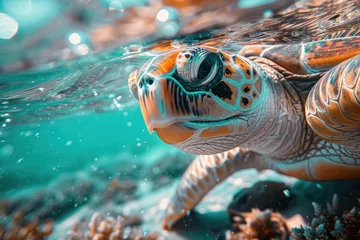 Poster turtle, nature, underwater, water, animal, swimming, reef, sea turtle, tortoise, aquatic. close up to green sea turtle, portrait of happy sea turtle swimming underwater with sunshine via ai generated. © Day Of Victory Stu.