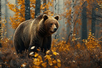 Fototapeta premium animal, bear, forest, mammal, nature, wildlife, big, brown bear, wild, background. close up to big brown bear walking in autumn forest with red maple. dangerous animal in nature forest, meadow habitat