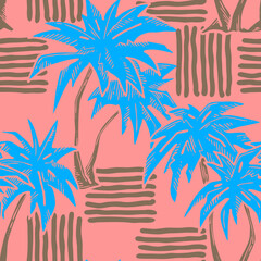 Tropical seamless vector pattern with palm leaves and tree. Holiday vocation theme for fabric print, textile design, fashion party invitation, luxury life style. Hand drawn cartoon line illustration.