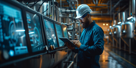 Industrial Expertise: Technician at Work. A concentrated male technician in a hard hat and safety glasses using a tablet to control processes in an industrial plant. - obrazy, fototapety, plakaty
