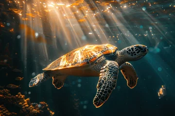 Foto op Canvas turtle, nature, underwater, water, animal, swimming, reef, sea turtle, tortoise, aquatic. close up to ancient sea turtle, portrait of happy sea turtle swimming underwater with sunshine via ai generate © Day Of Victory Stu.