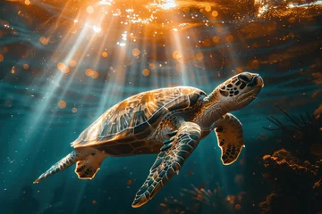 Poster turtle, nature, underwater, water, animal, swimming, reef, sea turtle, tortoise, aquatic. close up to ancient sea turtle, portrait of happy sea turtle swimming underwater with sunshine via ai generate © Day Of Victory Stu.