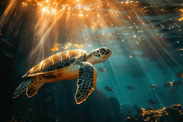 Stoff pro Meter turtle, nature, underwater, water, animal, swimming, reef, sea turtle, tortoise, aquatic. close up to ancient sea turtle, portrait of happy sea turtle swimming underwater with sunshine via ai generate © Day Of Victory Stu.