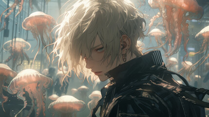 Obraz premium Handsome guy captured from a cinematic anime art style scene