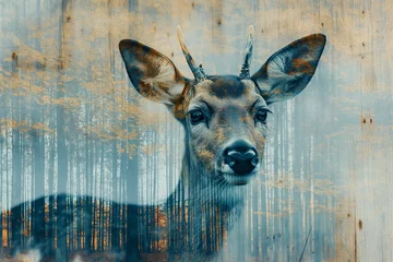 Foto op Plexiglas animal, abstract, horn, nature, wildlife, background, mammal, wild, antler, design. creative image of white deer with forest around over faint white background. miracle and fantasy. ai generated art. © Day Of Victory Stu.