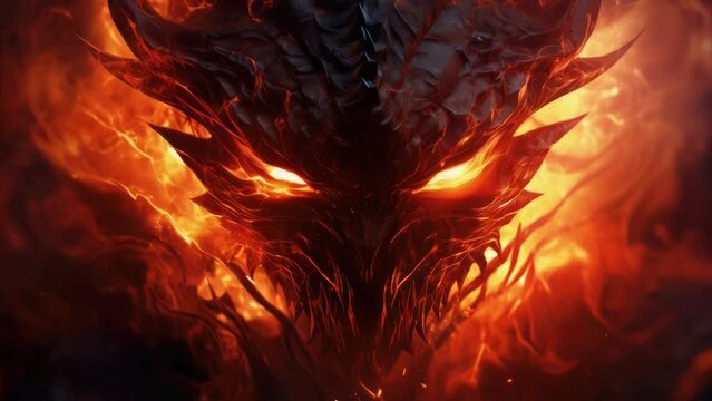 Close up of a demonic face on a fiery background. Suitable for horror or Halloween themed designs.
