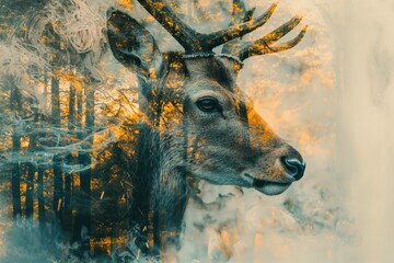 animal, abstract, horn, nature, wildlife, background, mammal, wild, antler, design. creative image of white deer with autumn forest around over faint background. miracle and fantasy. ai generated art.
