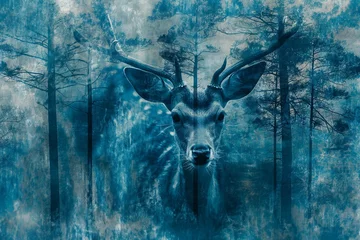 Foto op Aluminium animal, abstract, horn, nature, wildlife, background, mammal, wild, antler, design. creative image of white deer with forest around over faint white background. miracle and fantasy. ai generated art. © Day Of Victory Stu.