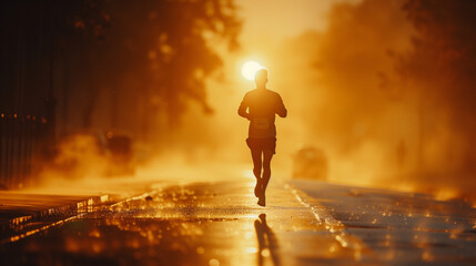 Silhouette of a Runner in the Sunrise. An early morning runner is captured as a silhouette against...