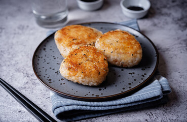 Yaki onigiri, Japanese triangular rice balls stuffed with shrimp