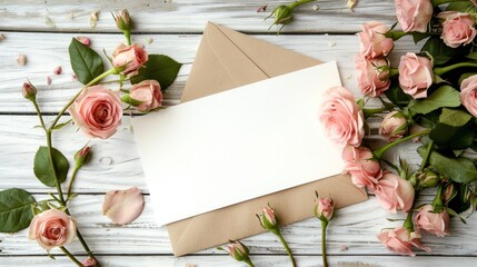 ink roses and blank card on a rustic wooden background.