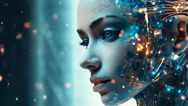 Close up of a woman's face with a robot's head, suitable for technology concept designs.
