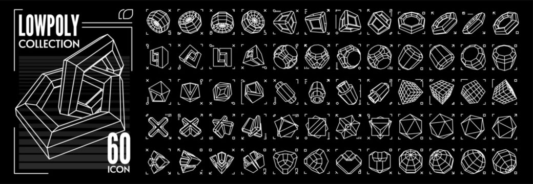 Polygonal Shapes set icon of complex shapes Linear  Figures. Collection of Lowpoly 3D Shapes